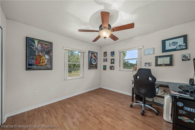 home office with plenty of natural light, baseboards, ceiling fan, and light wood-type flooring