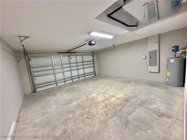 garage with electric panel, electric water heater, and a garage door opener