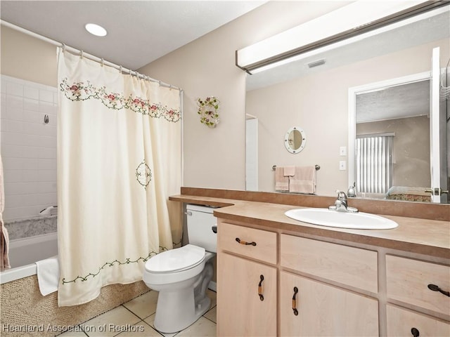 full bathroom with vanity, tile patterned floors, shower / bath combination with curtain, and toilet