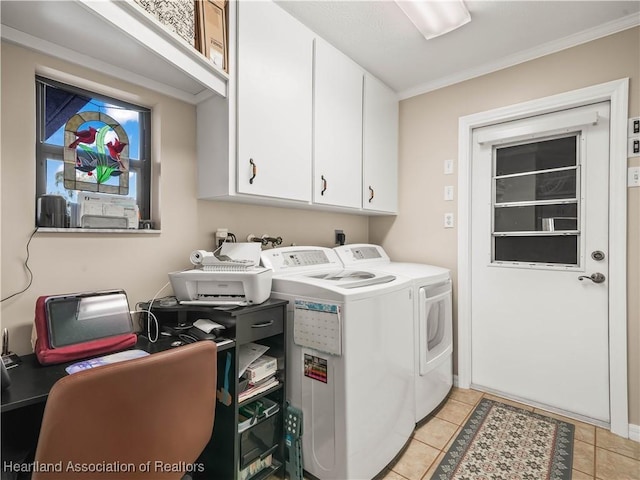 laundry room featuring independent washer and dryer, light tile patterned floors, ornamental molding, and cabinets