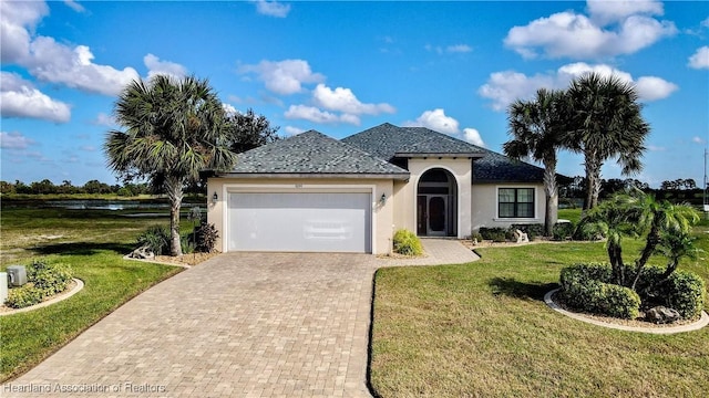 view of front of property featuring a water view, a front yard, and a garage