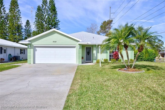 ranch-style house featuring a garage, driveway, central AC unit, a front lawn, and stucco siding