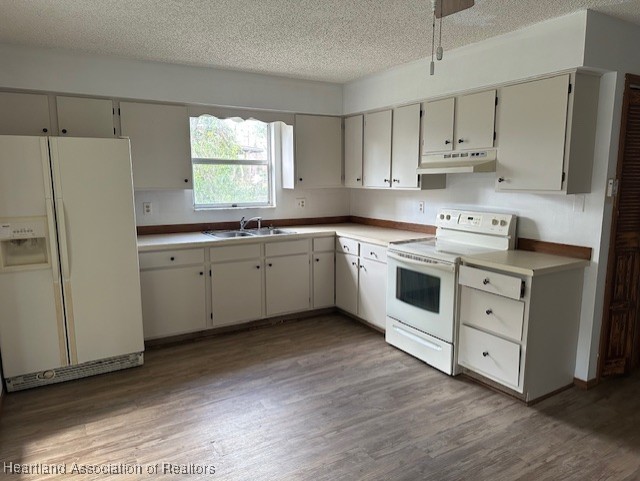 kitchen featuring hardwood / wood-style floors, a textured ceiling, white appliances, and sink