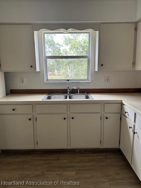 kitchen with white cabinets, sink, and dark wood-type flooring