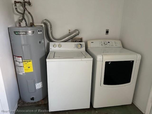 clothes washing area featuring separate washer and dryer and electric water heater