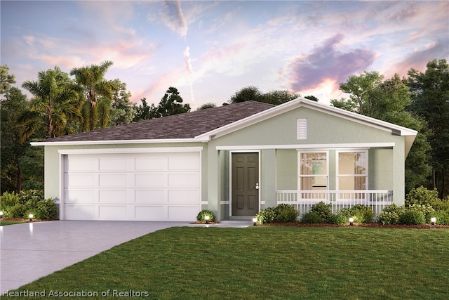 ranch-style house with covered porch, a garage, and a lawn