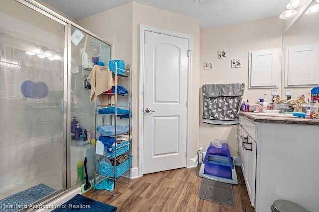 297 NE Glentry Ave NE, Port St Lucie, FL 34983 - full bath with vanity, wood finished floors, a shower stall, and a textured ceiling