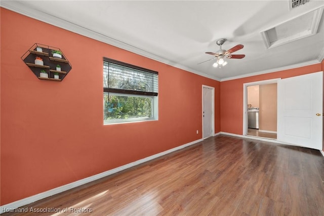 unfurnished bedroom with crown molding, ceiling fan, and wood-type flooring