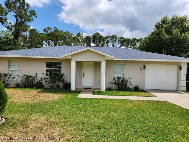 ranch-style house with stucco siding, a shingled roof, and an attached garage
