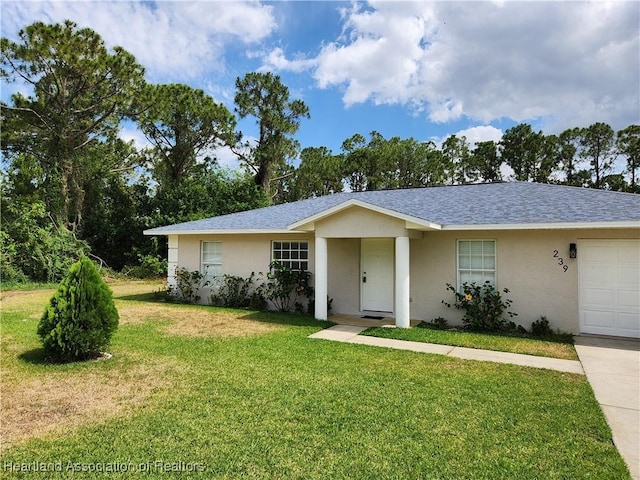single story home featuring roof with shingles, stucco siding, and a front lawn