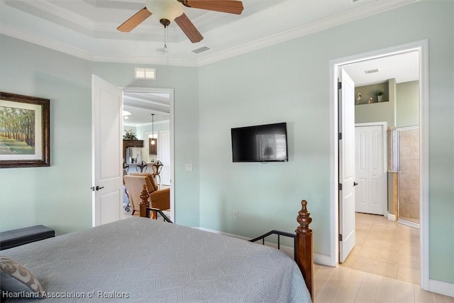 3045 Royal Oaks Ct, Sebring, FL 33875 - bedroom featuring stainless steel fridge, visible vents, a ceiling fan, ornamental molding, and a raised ceiling