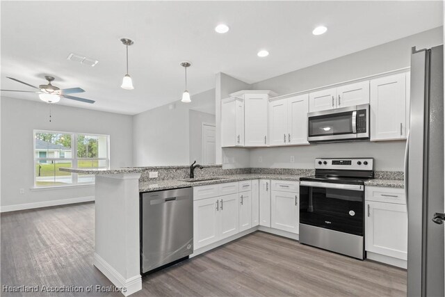 kitchen with white cabinetry, ceiling fan, hanging light fixtures, stainless steel appliances, and light stone counters