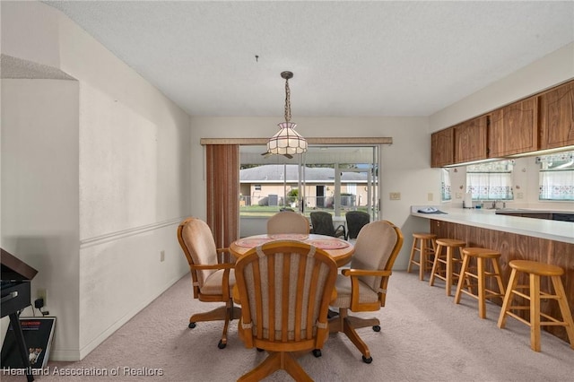 carpeted dining space with a textured ceiling