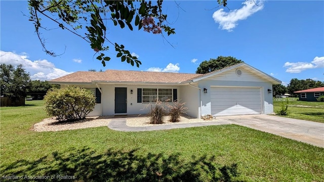 single story home featuring a front yard and a garage