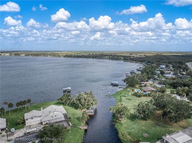 aerial view featuring a water view