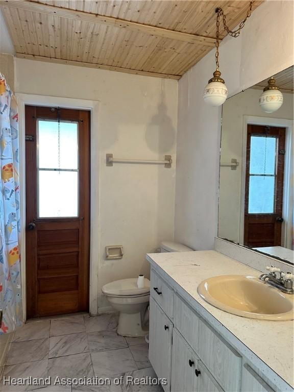 bathroom featuring vanity, toilet, and wooden ceiling