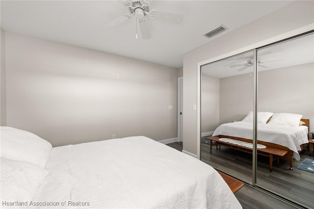 2 Chickasaw St, Lake Placid, FL 33852 - bedroom featuring visible vents, wood finished floors, a closet, baseboards, and ceiling fan