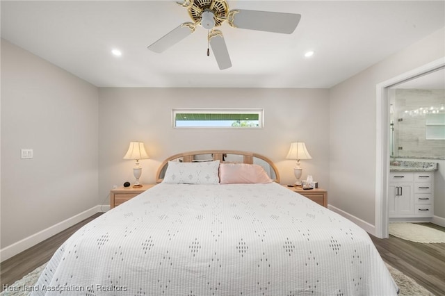 2 Chickasaw St, Lake Placid, FL 33852 - bedroom with baseboards, recessed lighting, ensuite bathroom, a ceiling fan, and dark wood-style flooring