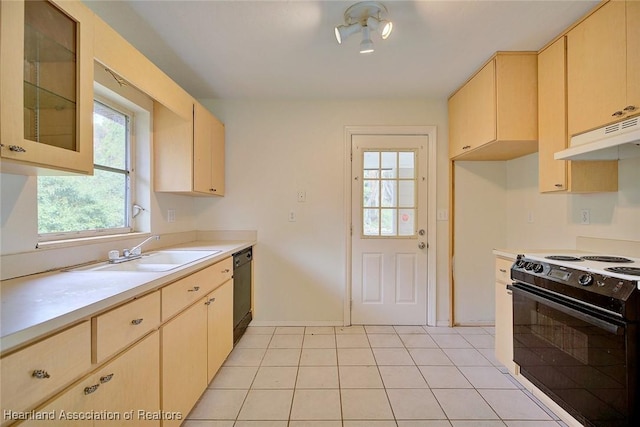 kitchen featuring range with electric cooktop, under cabinet range hood, light brown cabinetry, black dishwasher, and a sink