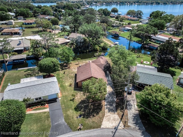 aerial view featuring a residential view and a water view