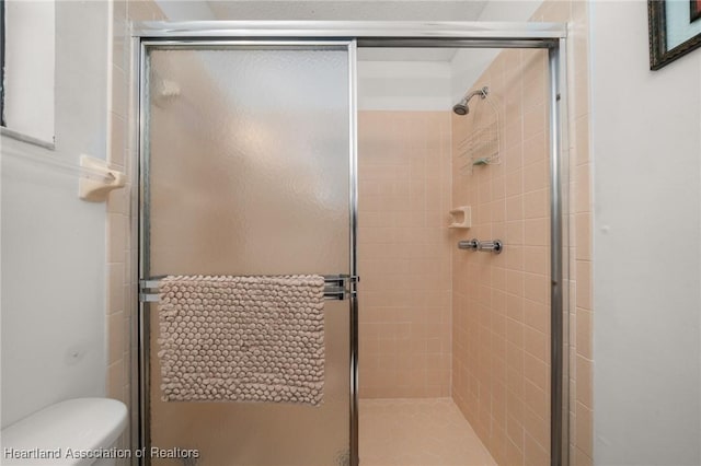 bathroom featuring a stall shower and toilet