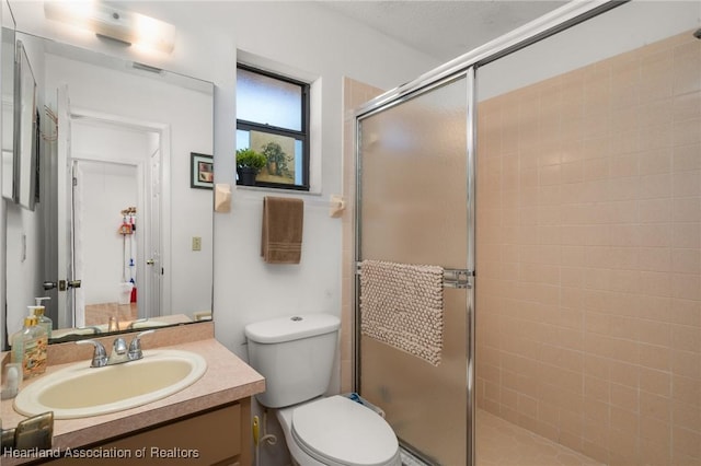 full bathroom with visible vents, vanity, a shower stall, and toilet