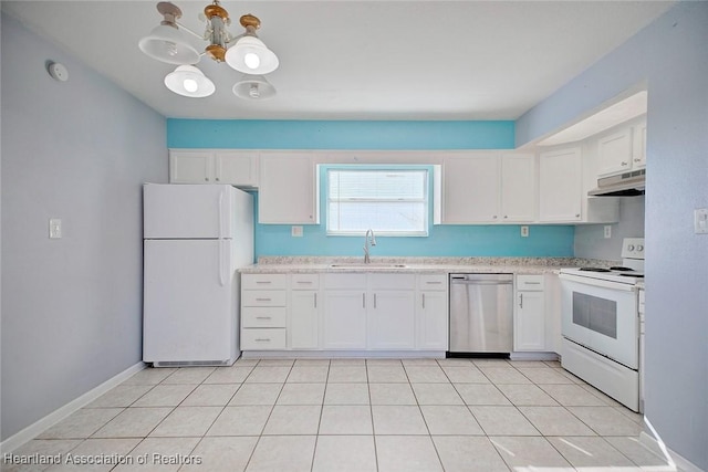 kitchen featuring white cabinetry, light tile patterned flooring, white appliances, and sink