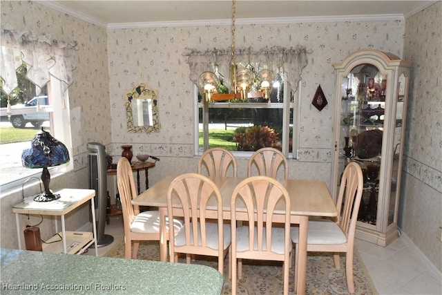3603 Herring Ave, Sebring, FL 33870 - dining area featuring crown molding, tile patterned flooring, a chandelier, and wallpapered walls