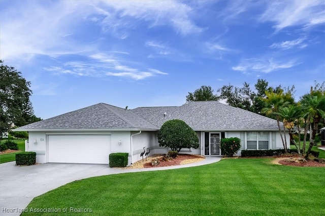 ranch-style home with a front lawn and a garage