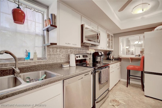 kitchen with white cabinetry, stainless steel appliances, sink, backsplash, and a tray ceiling