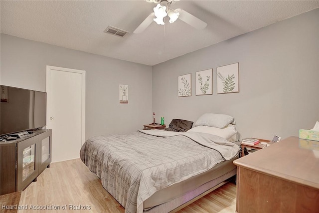 bedroom featuring ceiling fan, a textured ceiling, and light hardwood / wood-style flooring