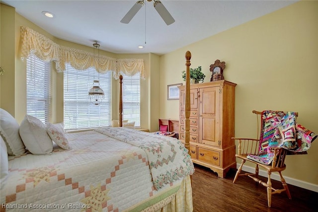 bedroom featuring recessed lighting, baseboards, dark wood-type flooring, and ceiling fan