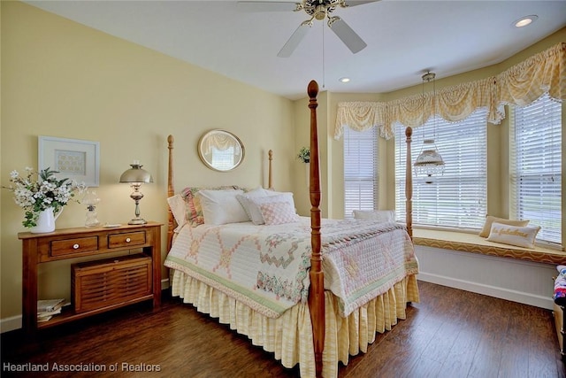 bedroom featuring dark wood-style floors, recessed lighting, baseboards, and a ceiling fan