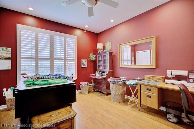 playroom featuring ceiling fan, baseboards, wood finished floors, and recessed lighting