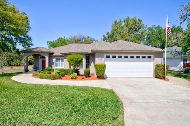 ranch-style home featuring stucco siding, driveway, a front lawn, a shingled roof, and a garage