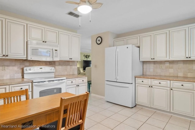 4 Rosewood Dr N, Lake Placid, FL 33852 - kitchen featuring white appliances, light countertops, light tile patterned flooring, decorative backsplash, and ceiling fan