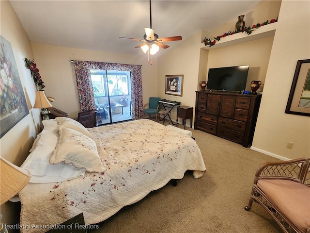 carpeted bedroom with ceiling fan, access to exterior, and vaulted ceiling