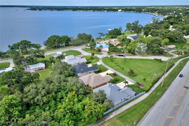 drone / aerial view featuring a water view