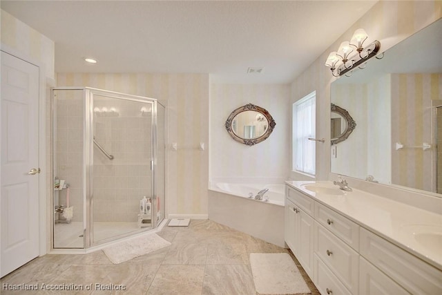 bathroom with tile patterned floors, vanity, and plus walk in shower