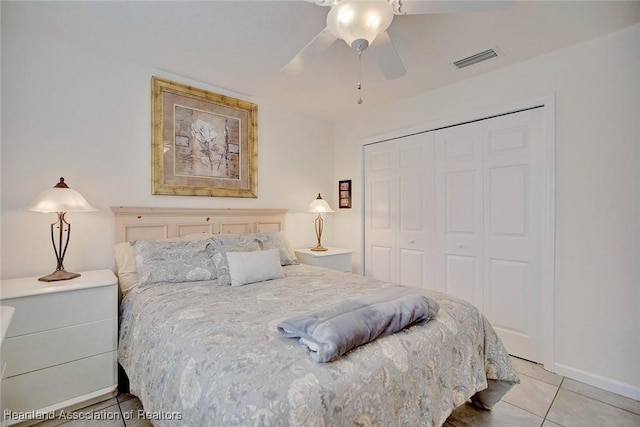 bedroom featuring light tile patterned floors, a closet, and ceiling fan