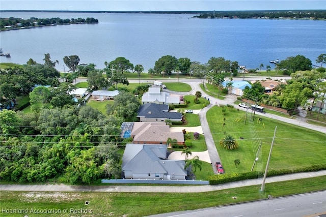 drone / aerial view featuring a water view