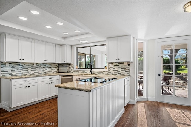 kitchen with a sink, dark wood-style flooring, a textured ceiling, and black electric cooktop