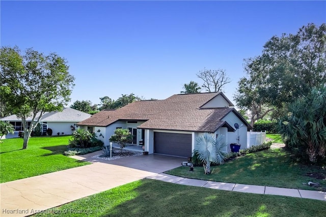ranch-style home with concrete driveway, stucco siding, a front yard, and a garage