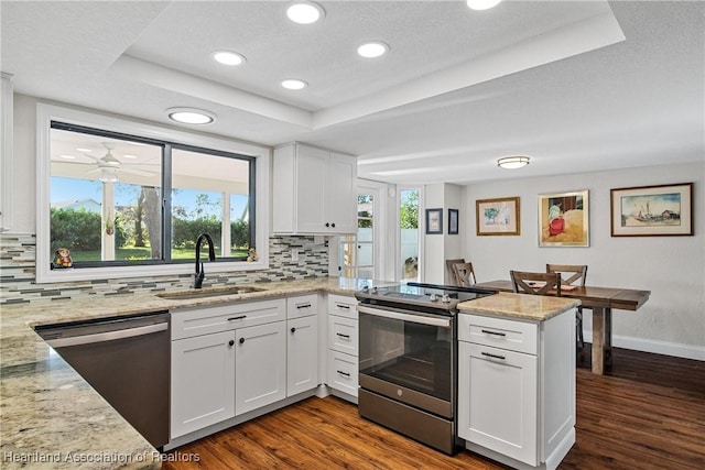 kitchen featuring appliances with stainless steel finishes, a sink, a peninsula, backsplash, and a tray ceiling