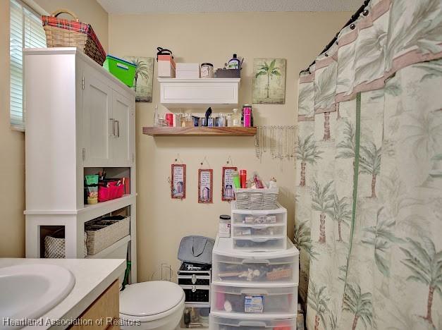 bathroom with vanity, a textured ceiling, toilet, and a shower with shower curtain