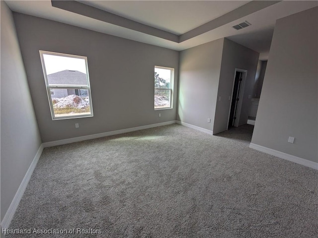 carpeted empty room featuring a tray ceiling