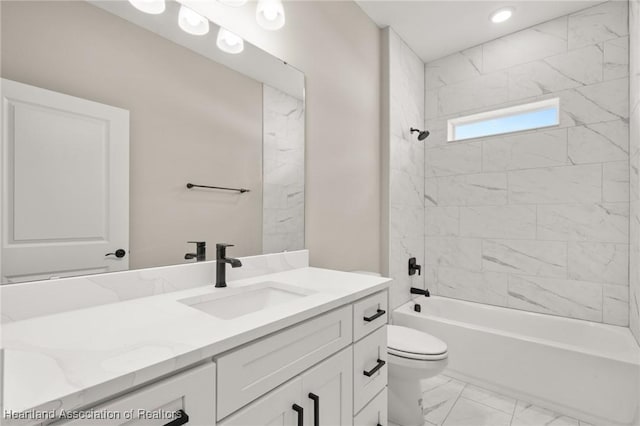 4924 San Lorenzo Dr, Sebring, FL 33872 - bathroom featuring toilet, shower / bathing tub combination, recessed lighting, vanity, and marble finish floor