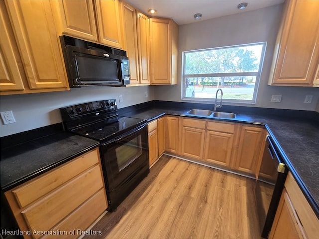 kitchen featuring sink, light hardwood / wood-style flooring, and black appliances