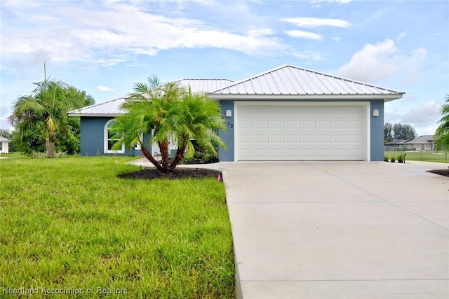 ranch-style house with a front yard and a garage