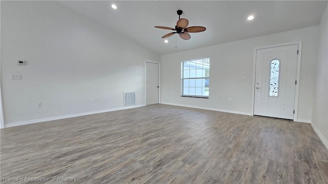 entryway featuring ceiling fan, lofted ceiling, and hardwood / wood-style floors